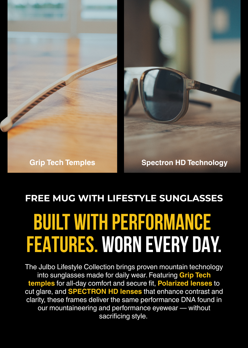Header  calling out the features of Julbo's lifestyle sunglasses as well as highlighting that for January 2026 you can get a free metal coffee mug with the purchase of any lifestyle sunglasses.