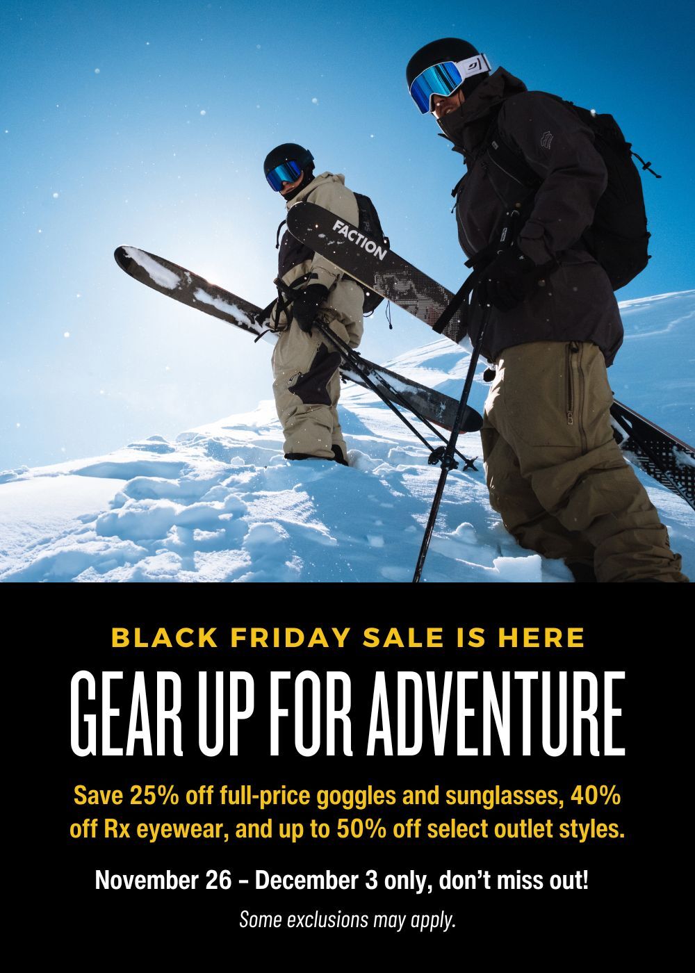 Image of two skiers standing on a hillside looking down the hill in Julbo goggles. There is a header that reads 