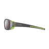 Side view of Julbo Eyewear Montebianco Sunglasses Parts: black and green frame, gray tinted lenses, and sleek temple arms. #color_montebianco-temple-arms-pair-matte-black-lime-green