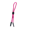 Julbo Eyewear Floating Sunglass Cords in pink fabric feature black rubber ends, a black branded tag, and Bouyancy 2.0 Technology, shown isolated on a white background. #color_floating-sunglass-strap-pink