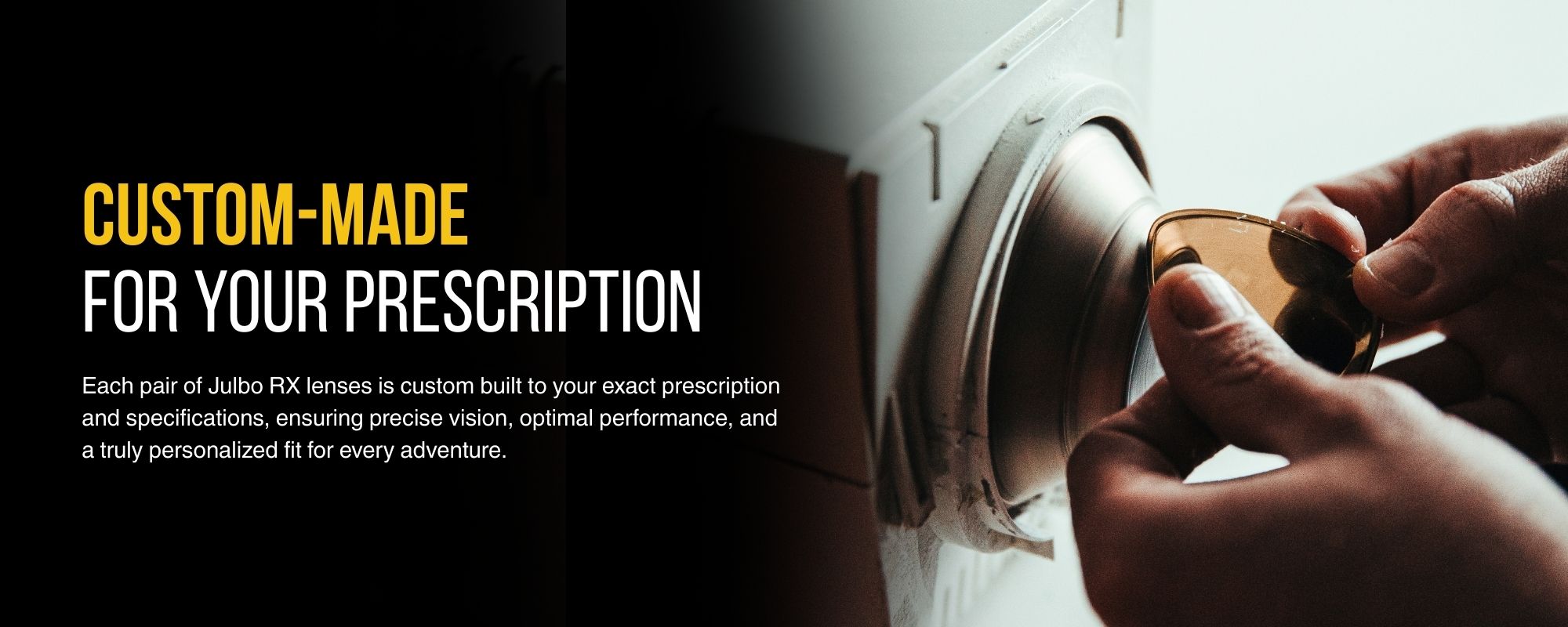 Hands inserting a brown lens into a lensometer, with text describing custom-made prescription lenses for optimal vision and fit.