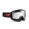 The Julbo Eyewear Session MTB Mountain Bike Goggle Parts feature black and red design, a wide clear lens, adjustable strap, tear-off lens compatibility, and provide eye protection for motocross or cycling. #color_session-mtb-spare Lens-spectron-0-clear