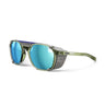 Julbo Eyewear Slack Cover sunglasses feature green frames, blue polarized mirrored lenses, removable side shields, and textured arms, shown on a white background. #color_army-gray-with-spectron-4-polarized-hd-lens