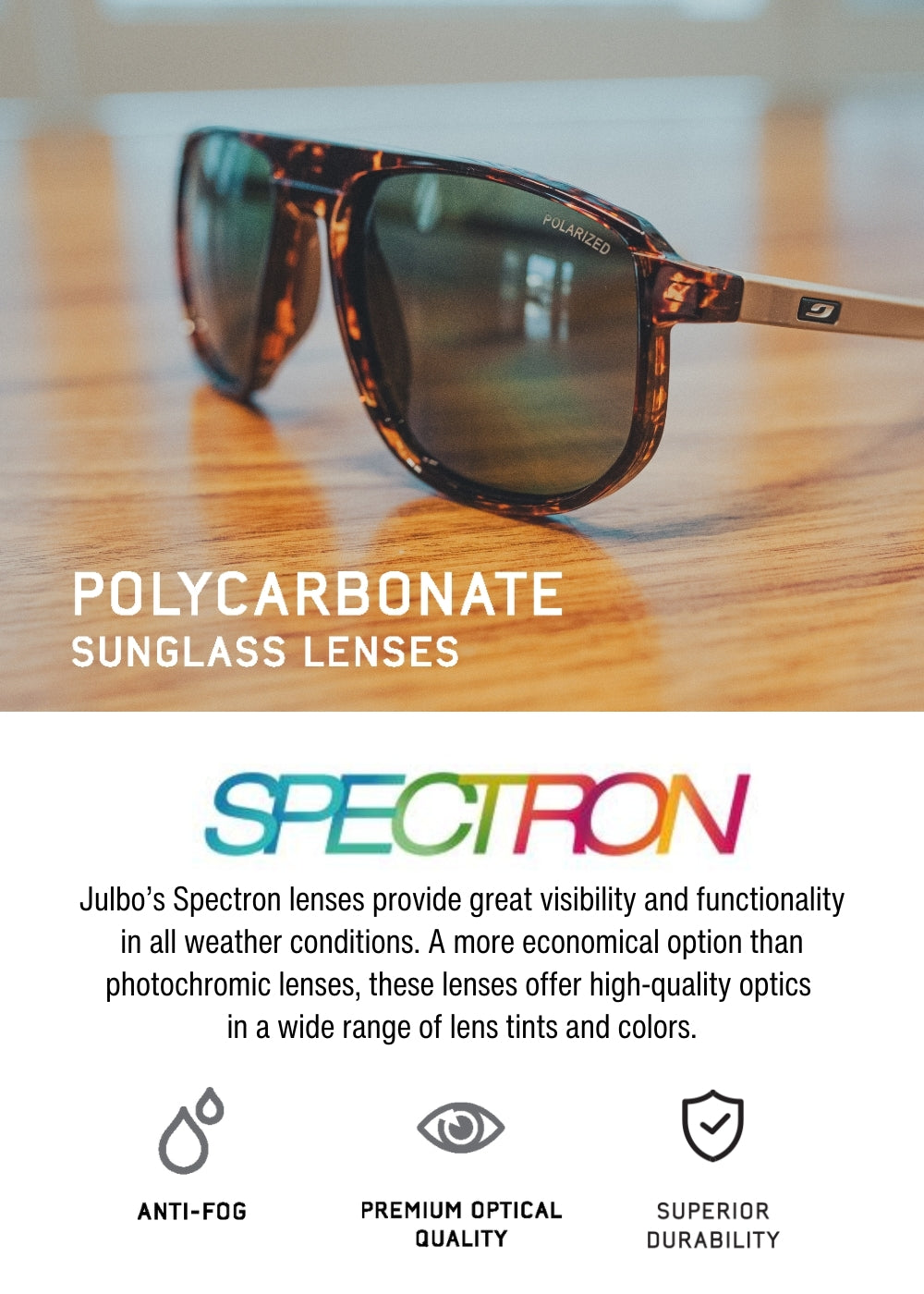 Ward sunglasses on a table with a short description of the Julbo Spectron sunglasses