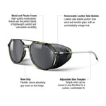 A pair of shield-style sunglasses with dark gray lenses and a translucent olive-green metal frame, shown on a white background with callout lines and text describing features such as removable leather side shields, nose grip, and adjustable slim temples. #color_army-green-/-black-with-spectron-3-lens