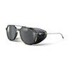 Sunglasses with black lenses and gold frames on a white background. #color_army-green-/-black-with-spectron-3-lens