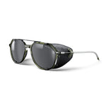 Sunglasses with black lenses and gold frames on a white background. #color_army-green-/-black-with-spectron-3-lens
