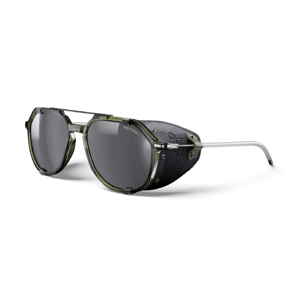 Sunglasses with black lenses and gold frames on a white background. #color_army-green-/-black-with-spectron-3-lens