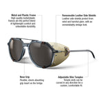 A pair of shielded sunglasses with callout lines and text labels explaining features such as the metal and plastic frame, removable leather side shields, nose grip, and adjustable slim temples on a white background. #color_blue-/-beige-/-black-with-spectron-4-lens