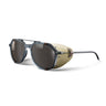 Aviator-style sunglasses with dark gray translucent frames, dark lenses, and a beige fabric-covered temple arm with visible rivets, shown on a white background. #color_blue-/-beige-/-black-with-spectron-4-lens
