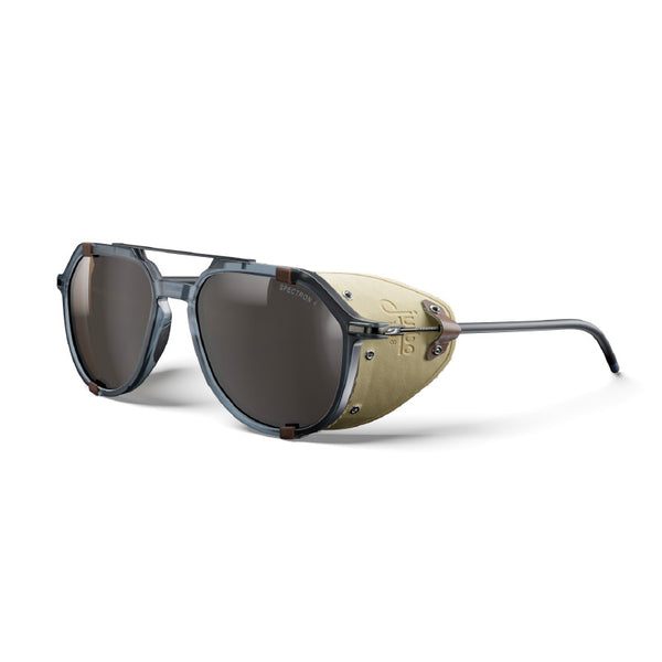 Aviator-style sunglasses with dark gray translucent frames, dark lenses, and a beige fabric-covered temple arm with visible rivets, shown on a white background. #color_blue-/-beige-/-black-with-spectron-4-lens