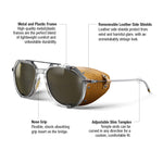 A pair of aviator-style sunglasses with clear frames and dark lenses, shown on a white background with callout lines and text describing features such as metal and plastic frame, removable leather side shields, nose grip, and adjustable slim temples. #color_crystal-/-camel-/-havana-with-spectron-3-polarized-lens