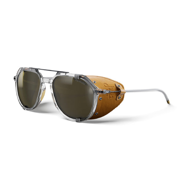 Aviator-style sunglasses with dark tinted lenses, a clear frame, and a tan leather side shield, shown on a white background. #color_crystal-/-camel-/-havana-with-spectron-3-polarized-lens