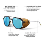 A pair of shield-style sunglasses with blue mirrored lenses, a black metal and plastic frame, and a tan leather side shield, shown on a white background with callout lines and text describing features. #color_black-/-brown-with-spectron-3-hd-polarized-lens