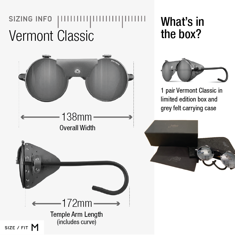 Sizing chart for the Vermont Classic showing the width at 138mm and the temple arm length at 172mm, making it a size medium