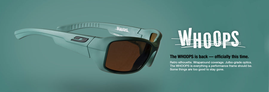 Matte green sport sunglasses with brown lenses displayed against a green background, accompanied by text describing the product features and name WHOOPS.