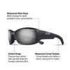 Black wraparound sports sunglasses with a curved lens and temple arms, shown with callout lines and text explaining fit features like wraparound wide shape, comfort bridge, and curved temples. #color_matte-black-with-spectron-3-polarized-lens