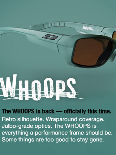 A pair of teal wraparound sunglasses labeled WHOOPS is shown above promotional text highlighting their retro design and performance optics.