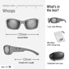 A black and white product information graphic for the Whoops sunglasses by Julbo. The left side shows sizing information with front and side profile views of the gray sunglasses, indicating an overall width of 125mm and temple arm length of 125mm.