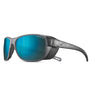 The Julbo-usa Camino features gray wraparound frames, blue polarized lenses, removable side shields, and a branded logo on the temple. #color_translucent-black-gray-with-spectron-3-polarized-hd-lens