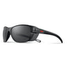 The Julbo Eyewear Camino RX features black wraparound frames with dark lenses, removable side shields, and a red temple logo—ideal as durable, sporty prescription trail sunglasses or for photochromic Rx lens options. #color_black