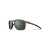 The Julbo Eyewear Compass sunglasses feature a brown rectangular frame, black arms, and dark green polarized lenses—shown angled right on a white background—ideal for an active lifestyle. #color_brown-/-dark-army-green-with-spectron-3-polarized-lens