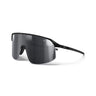 The Julbo Eyewear Density Black Series features black, frameless performance sunglasses with a single wraparound Black Spectron 3 lens and thin arms, displayed on a white background.