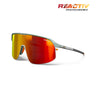Red and orange mirrored Julbo-usa Density performance eyewear with a wide single wraparound lens, grey-green frame, CustomFit Temples, and REACTIV Photochromic branding in the top right corner. #color_matte-green-gray-with-reactiv-1-3-light-amplifier-lens