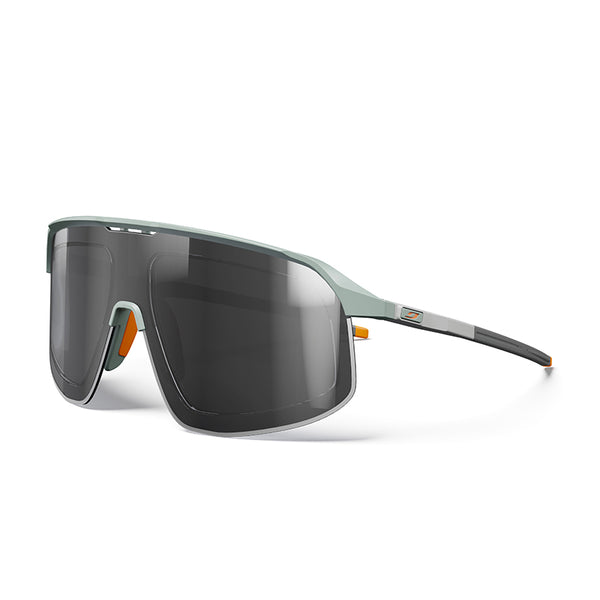 Sunglasses with a reflective lens on a white background. #color_matte_green_gray