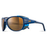 Blue sports sunglasses with brown-tinted lenses, side shields, and a Julbo logo on the temples, shown against a white background.