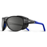 Julbo Eyewear's Explorer 2.0 RX sport sunglasses in black and blue, featuring REACTIV photochromic lenses, side shields, dark lenses, and wraparound temples for mountaineering, are shown on a white background. #color_black-/-blue