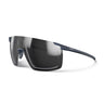 The Julbo Eyewear Faster RX are modern prescription sports sunglasses with large rectangular dark lenses and slim navy blue arms in an aerodynamic mono-lens frame, shown on a white background. #color_matte-dark-gray
