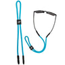 Julbo Eyewear Floating Sunglass Cords in blue feature black rubber tips and Bouyancy 2.0 Technology, allowing them to float—shown solo and attached to black sunglasses. #color_floating-sunglass-strap-blue