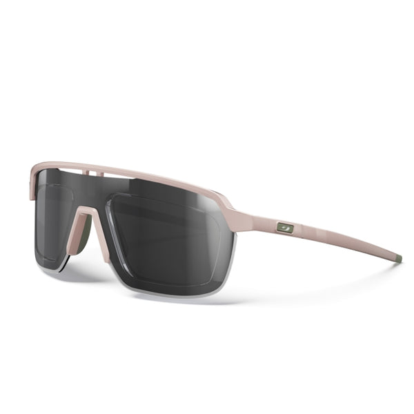 Sunglasses with a pink frame and dark lenses on a white background. #color_pastel-pink-green