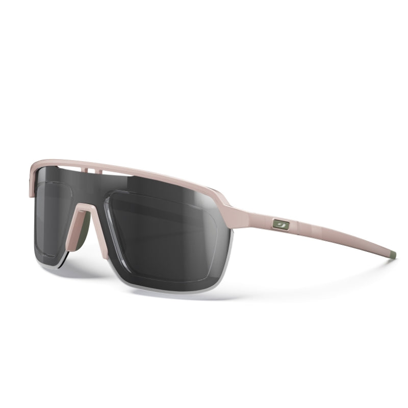 Sunglasses with a pink frame and dark lenses on a white background. #color_pastel-pink-/-green