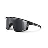 Julbo Eyewear’s Fury Black Series sports sunglasses feature large wraparound Black Spectron 3 lenses, a thin frame with a small white temple logo—perfect for high-performance use.