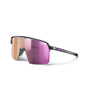 Julbo Eyewear’s Intensity Junior rimless sunglasses feature a black frame, wide pink-mirrored lenses, and slim black arms—ideal high-performance eyewear for kids’ sports—shown on a white background. #color_translucent_gray_with_spectron_3_lens