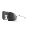 Sunglasses with white frame and dark lenses on a white background. #color_white-/-blue