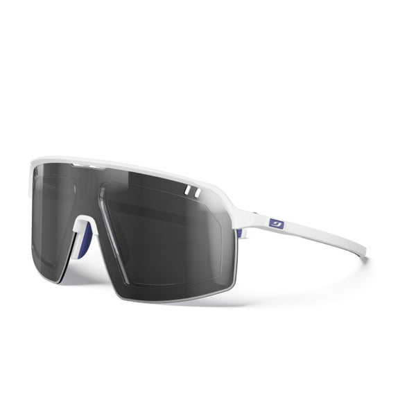 Sunglasses with white frame and dark lenses on a white background. #color_white-blue