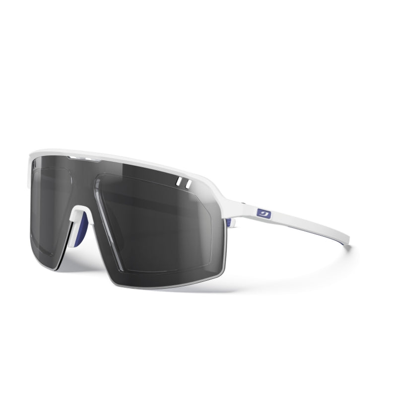 Sunglasses with white frame and dark lenses on a white background. #color_white-/-blue