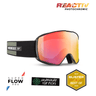 Ski goggles with red and yellow lens on a white background, featuring Julbo branding and awards. #color_black-green-with-reactiv-1-3-high-contrast-lens