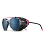 A pair of steampunk-style aviator sunglasses featuring round blue mirrored lenses, a black textured metal frame with silver screws, a clear plastic front, and bright pink accents on the hinges and temple tips. #color_translucent-crystal-rose-with-spectron-3-polarized-lens