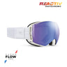 White ski goggles with a purple-to-blue mirrored lens, featuring the REACTIV Photochromic branding and Super Flow Pro technology on a white background. #color_white-with-reactiv-1-3-high-contrast-lens