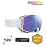 White ski goggles with a purple-to-blue mirrored lens, featuring the REACTIV Photochromic branding and Super Flow Pro technology on a white background. #color_white-with-reactiv-1-3-high-contrast-lens