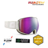 Reactiv Photochromic ski goggles with a white strap and a purple-to-blue reflective photochromic lens, shown on a white background with product feature badges. #color_white-with-reactiv-0-4-high-contrast-lens