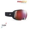 The Julbo USA Lightyear OTG ski goggles feature a red reflective REACTIV lens, a black strap with a white logo, and SuperFlow Pro system—ideal for high-performance winter sports. #color_black-with-reactiv-0-4-high-contrast-lens