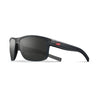 The Julbo Eyewear Renegade RX is a black wraparound prescription sunglass with rectangular polarized Spectron Rx polycarbonate lenses, thick temples, and a small red logo on the arm. Shown on a white background. #color_black-/-red