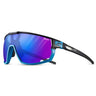 The Julbo USA Rush Lenses & Parts are sporty sunglasses with blue frames, reflective purple-tinted lenses, and stylish black and blue temple arms for a bold, modern look. #color_rush-front-frame-blue-black