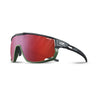 Julbo USA Rush Lenses & Parts sport sunglasses feature a black and green frame, red mirrored wraparound lens, single-piece nose pad, and durable temple arms inspired by Rush sunglasses, shown on a white background. #color_rush-front-frame-black-green