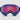 A pair of ski goggles with a wide, curved, pink and blue reflective lens and a black strap, displayed against a plain light background.